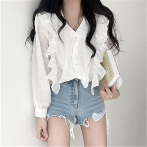 Sun protection shirt design sense ruffled v-neck loose frill top ladies