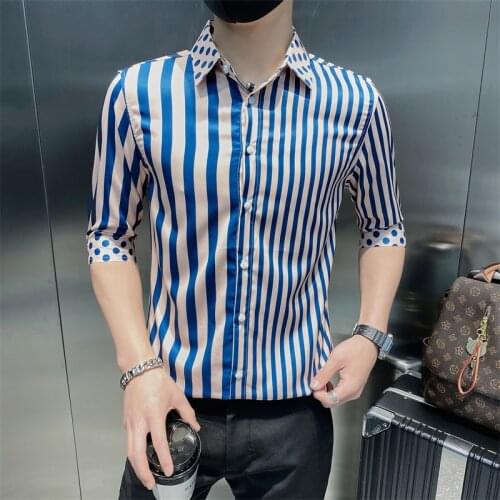 Summer New Men Vintage Patchwork Luxury Shirts Mens Fashion Striped Printed Slim Fit Long/Half Sleeve Dress Shirt Camisa Social