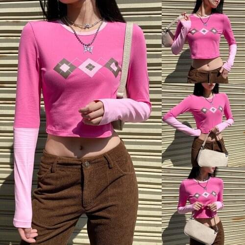 Argyle Pink Sweat Y2K Crop Top T Shirt Women Casual Long Sleeve T-Shirt Ladies Patchwork Fashion Tee Shirt