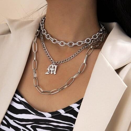 Vintage Punk Multilayer Thick Chains Letter Pendant Necklace for Women Hiphop Geometric Clavicle Necklaces Party Jewelry