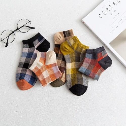 Japanese Harajuku Plaid Boat Socks New Womens Invisible Short Socks Mens Ankle Sock Couple Casual Breathable Stocking Size34-40