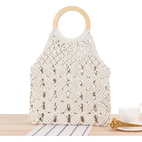 Aaby 2021 Summer New Cotton Rope String Bag For Women High Capacity Knitting Hollow Out Beach Bag With Round Wooden Handle