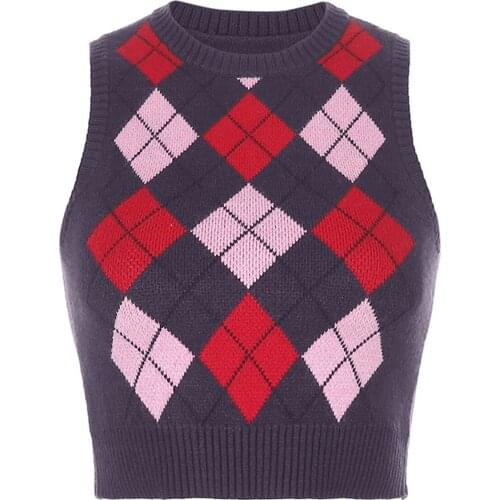 Women Vests Diamond Lattice V-neck Knitted Top Sleeveless Casual Color Block Pullover Waistcoat Ladies Clothing Dropshipping