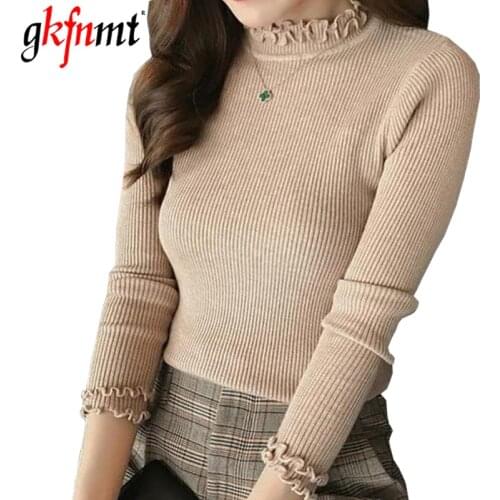 Gkfnmt Women Sweater Pullover Basic Rib Knitted Cotton Top Solid Turtleneck Ruffled Jumper Long Sleeve Warm Slim Korean Sweaters