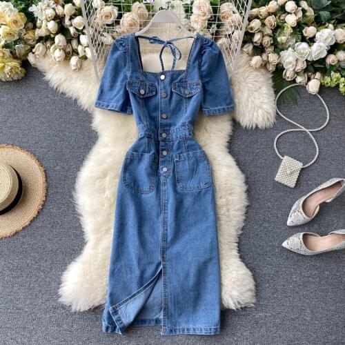 Ins Womens Square Collar, Button Up Waist, Slim Middle and Long Split Denim Dress Womens Summer 2021