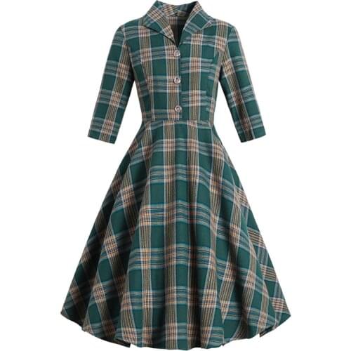 2021 Turn-down Collar Button Up Green Plaid 60s 50s Runway Dresses Autumn Clothes Women Vintage Robe Elegant Swing Dress Retro