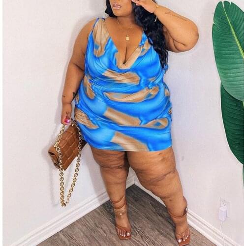 Plus Size Dresses For Women 4XL 5XL Spaghetti Strap Blue Printed Bodycon Mini Length Sexy Evening Night Club Clothes Dress 2021