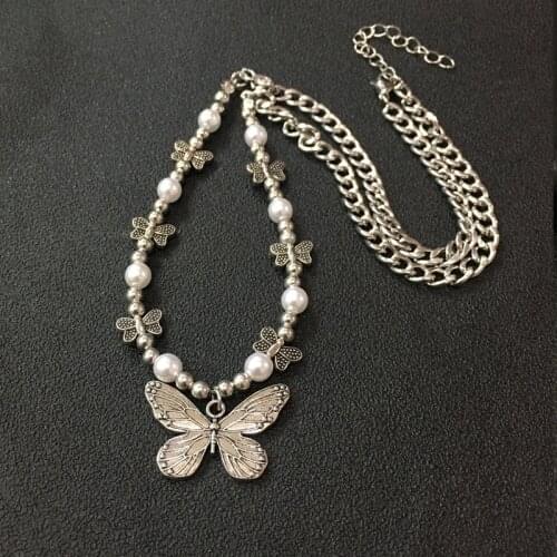 Vintage Fashion Statement Butterfly Pendant Necklace for Women Pearl Chain Choker Necklace Jewelry Punk Goth Gothic Accessories