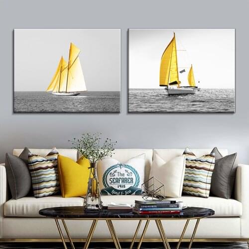 Golden Sailboat Poster,Nordic Simple Boat, Canvas Painting, Wall Painting, Mural, Seascape Painting, Printing Canvas, Level