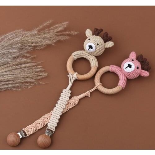1 Set BPA Free Handmade Crochet Deer Toys Wooden Teething Ring Cartoon Baby Rattle Teether Newborn Molar Nursing Montessori Toys