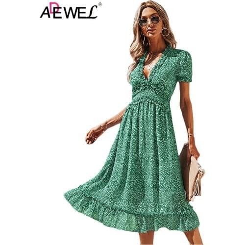 ADEWEL Sexy Deep V Chiffon Midi Dress Women Elegant Bubble Sleeve Green Printed Fashion Big Hem Party Dresses Summer 2021 New