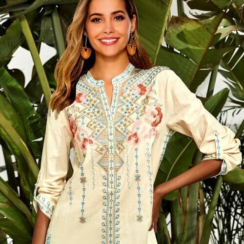 Le Luz Boho Vintage Floral Embroidery Blouses Shirt Boho Mexican Shirts Autumn Long Sleeve Plus Size 2xl 3xl Ethnic Hippie Tops