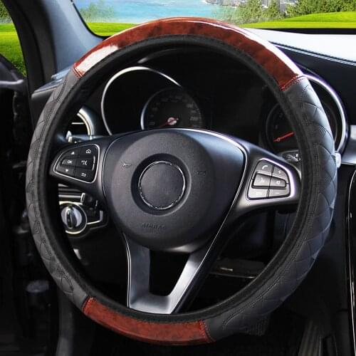 Real Wooden Pattern Car Steering Wheel Cover PU Leather Anti-slip Caravan Trailer Truck Off Road 4x4 Auto Accessories Decoration