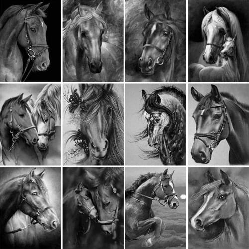 Black White Horse 5D DIY Animal Diamond Painting Cross Stitch Room Wall Picture of Rhinestone Diamond Embroidery Art Decor