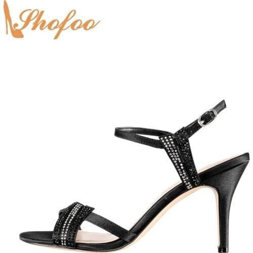 Black Crystal High Kitten Heels Satin Sandals Woman Large Size 14 16 Ladies Fashion Ankle Strap Buckle Party Mature Shoes Shofoo
