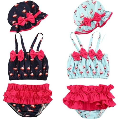 3Pcs Newborn Baby Girls Bikini Sets with Swimming Caps 2021 Summer Toddler Bowknot Flamingo Swimsuit Infant Bathing Suits