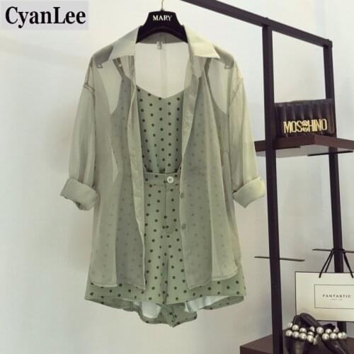 Cyanlee 2020 Summer Fashion Womens Sets Long Sleeve Sun Protection Shirt + Chiffon Sling + Wide Leg Shorts Female 3 Piece Suits