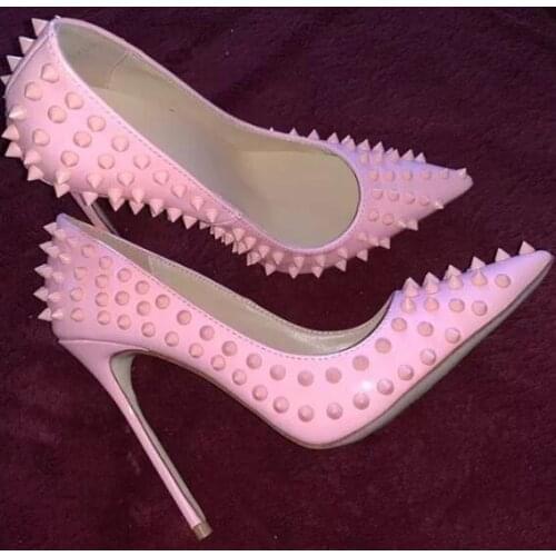 Moraima Snc Rivets Studded Woman High Heel Shoes Sexy 12/10cm Thin Heels Party Shoes Ladies Pink Leather Pumps