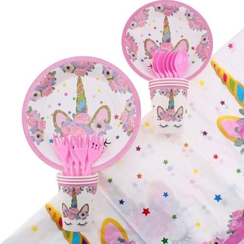 Unicorn Themed Party Set Cake Plates Cups Napkins Decoration Disposable Tableware for Girls Children Birthday Party Baby Showe