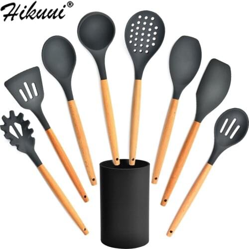 Silicone Cooking Utensils Set Non-stick Wooden Handle Cookware Cooking Tool Spatula Ladle Shovel Spoon Soup Kitchen Kitchenware