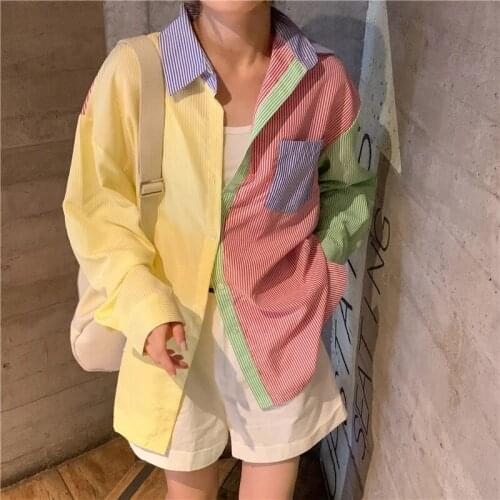 New Women Fashion Single Breasted Turn-down Collar Casual Blouse Female Long-sleeved Panelled Striped Shirt