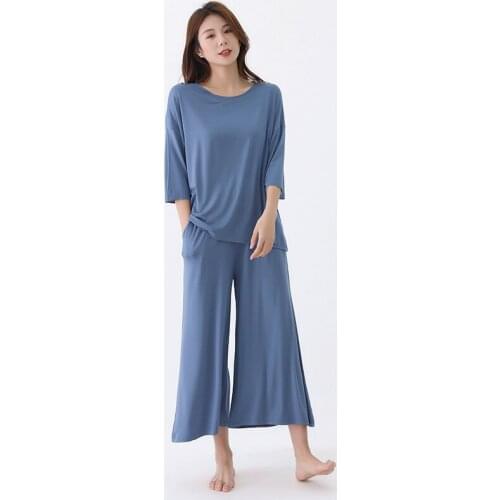 2021 New Modal Large Size Pajama Set Women Thin Soft Two Pieces Calf-Length Sleepwear Suit Ladies Home Clothing Casual Homewear