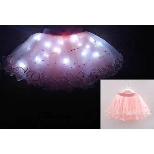 2021 New Mesh Ribbon Light-emitting LED Childrens Skirt Stage Dance Performance Festival Party Nail Bead Decoration Pink