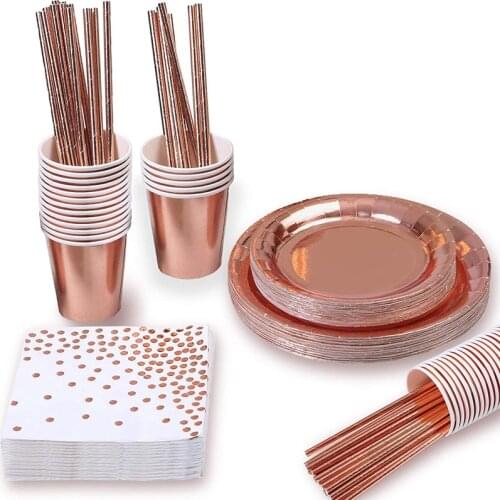 High Quality Hot Stamping Rose Gold Disposable Tableware Rose Gold Plate/Napkin/Cup Adult Happy Birthday Party Deco Kids Wedding
