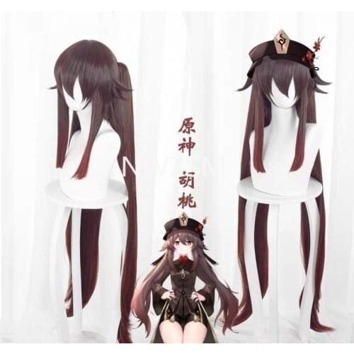 Genshin Impact HuTao Cosplay Women 110cm Long Wig Brown Wig Cosplay Anime Cosplay Wigs Heat Resistant Synthetic Wigs Halloween