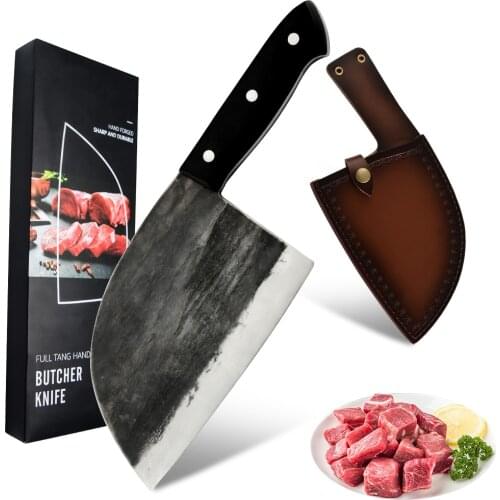 Full Tang Chef Camping Serbian Butcher Knife Gift Box Cover Sheath Handmade Forged Clad Steel Kitchen Cleaver Broad Knife Tool