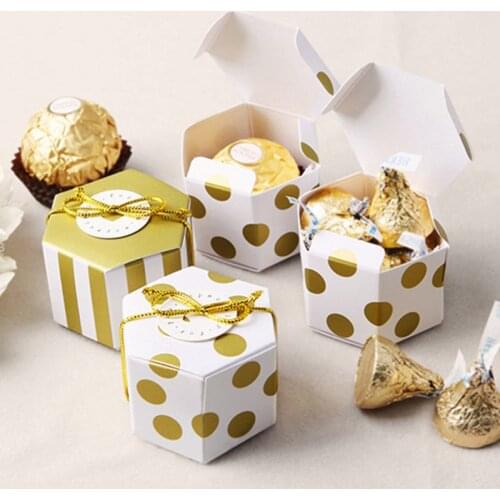 12pcs Mini Stripe Golden Hexagon Dragee Candy Gift Box Packaging Wedding Cardboard Box Cookie Bags Gift Bags Wrapping Supplies