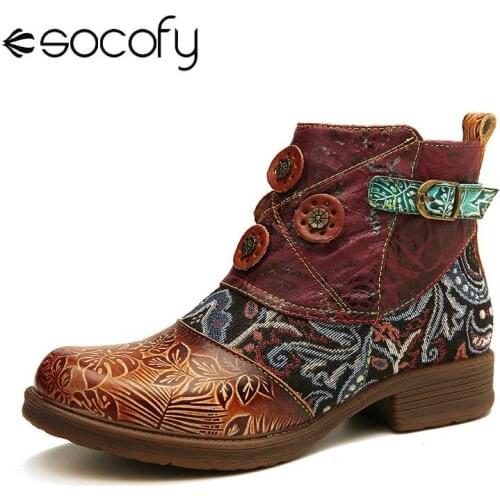 SOCOFY Retro Buckle Genuine Leather Splicing Folkways Pattern Flat Soft Short Boots Elegant Shoes Women Shoes Botas Mujer 2020