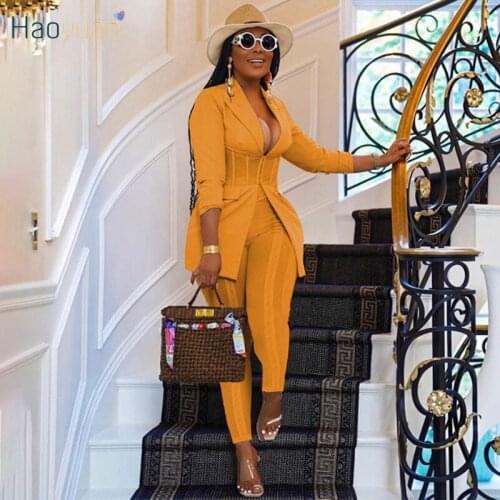 HAOYUAN Casual Two Piece Set Corset Suit Coat Pencil Pants Business Office Lady Outfits Streetwear Outfits Lounge Matching Sets