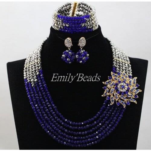 Gray/Royal Blue Nigerian Wedding African Beads Jewelry Set Crystal Beads Indian Necklace Set 6 Layers Free Shipping ALJ568