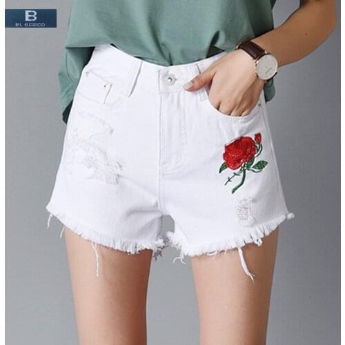 [EL BARCO] New Hot Summer Cotton Denim Women Shorts Floral Embroidery Ripped Holes Solid White Blue Female Casual Short Jeans