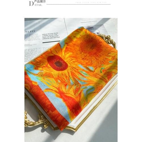 Oil painting style sunflower herringbone silk scarf women spring autumn all-match long style 100% silk scarf shawl 190-130cm