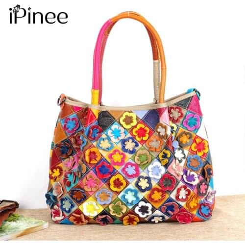 IPinee New Patchwork Genuine Leather Handbags Women luxury Shoulder Bags Ladies Flower Totes Crossbody Bags Bolsos Feminine