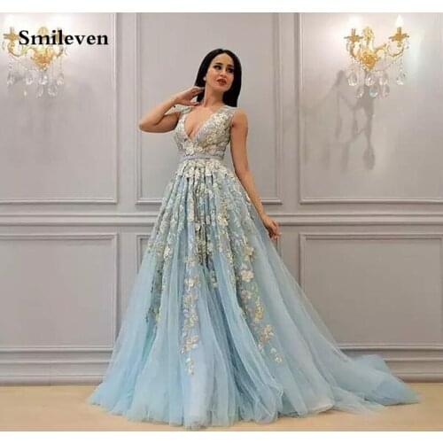 Smileven Princess Formal Evening Dresses 2020 A Line V Neck 3D Flowers Evening Party Gowns Side Split Peplum Occasion Prom Gown