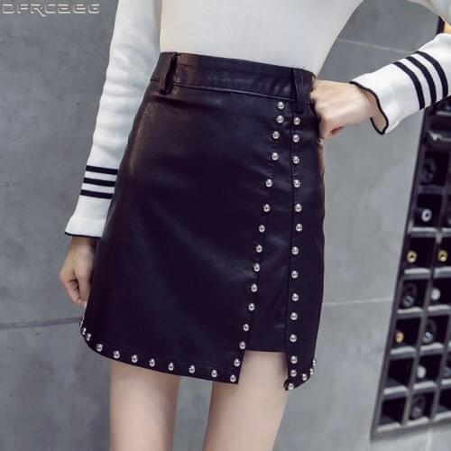 Irregular High Waist Faux Leather Skirts Womens 2020 Autumn Winter Streetwear Mini Saias A-line Falda Short Rivet Punk PU Skirt