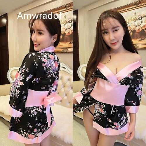 Womens Kimono Set Flowers Japanese Pink Robe Sexy Sakura Uniform Cosplay Costumes Lounge Suit
