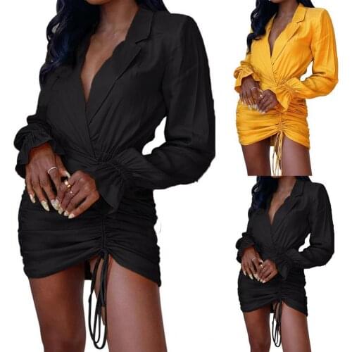 Women Fashion Graceful Flared Sleeve Dress Deep V Neck 2 Colors Pleated Drawstring Bodycon Dress for Dating Party