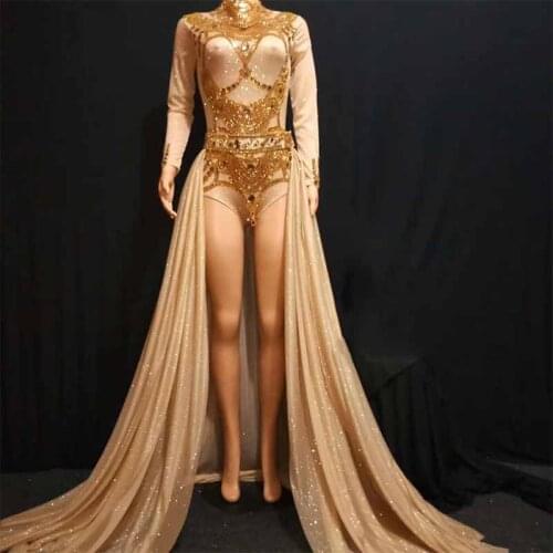 Gold Crystals Dress Long Tail Women Birthday Celebrate Dresses Costume Prom Shining Rhinestones Evening Outfit Lady Wear DJ944