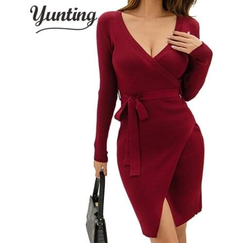 Autumn Knitted Bodycon Mini Dress Casual Sexy V Neck Long Sleeve Women Elegant Winter Slim Fashion Dresses Thin Dress 2020