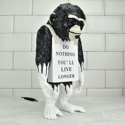 Monkey Sign - Do Nothing You'll Live Longer Black and White Version British Art Modern Statue Inspired by Banksys Work apes