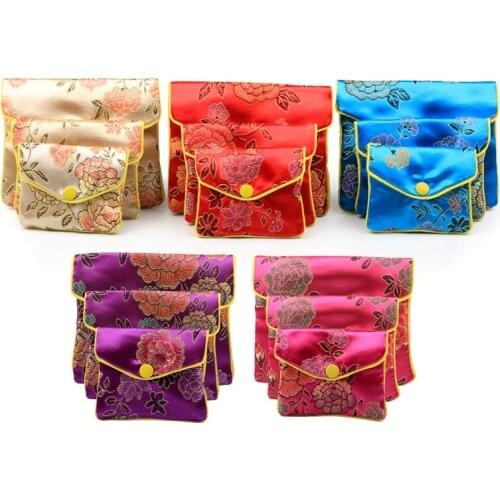60pcs Small Brocade Pouches Bag Christmas Gift Bags Padded Satin Embroidery Bag Snap Case Chinese Silk Zipper Coin Purse
