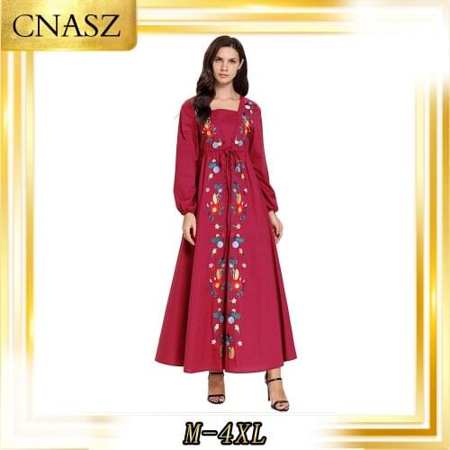 Abaya Turkey Dignified And Comfortable Arabian Large Size Womens Rose Red Embroidered Tie With Puff Sleeves Muslim Dress
