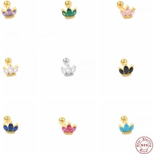 GS 925 Sterling Silver Colored Crystal Crown Stud Earrings For Women Pink Purple Three Oval Zircon Piercing Ear Studs Jewelry