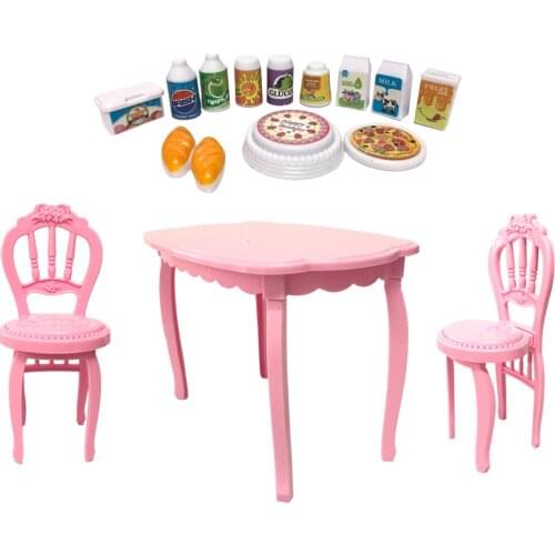 NK 1 Set Doll Accessories 2 Fashion Chairs +1 Modern Table+ Milk Bread Food For Barbie Furniture Dining Home Toys Girl Gift 9X