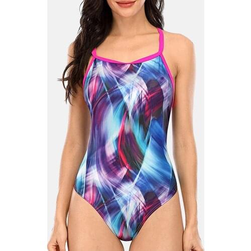 Charmo Women Sports Racerback One Piece Swimming Costume Tie-dye Contrast Color Block Sling