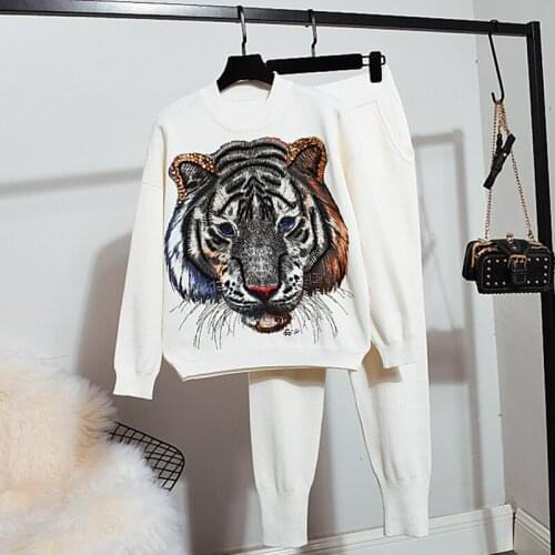 Black White Gray Knitted Tracksuit Outfits Women Manual Sequins tiger Sweater Pencil Pants Set Loose Casual Knitting Suit Female